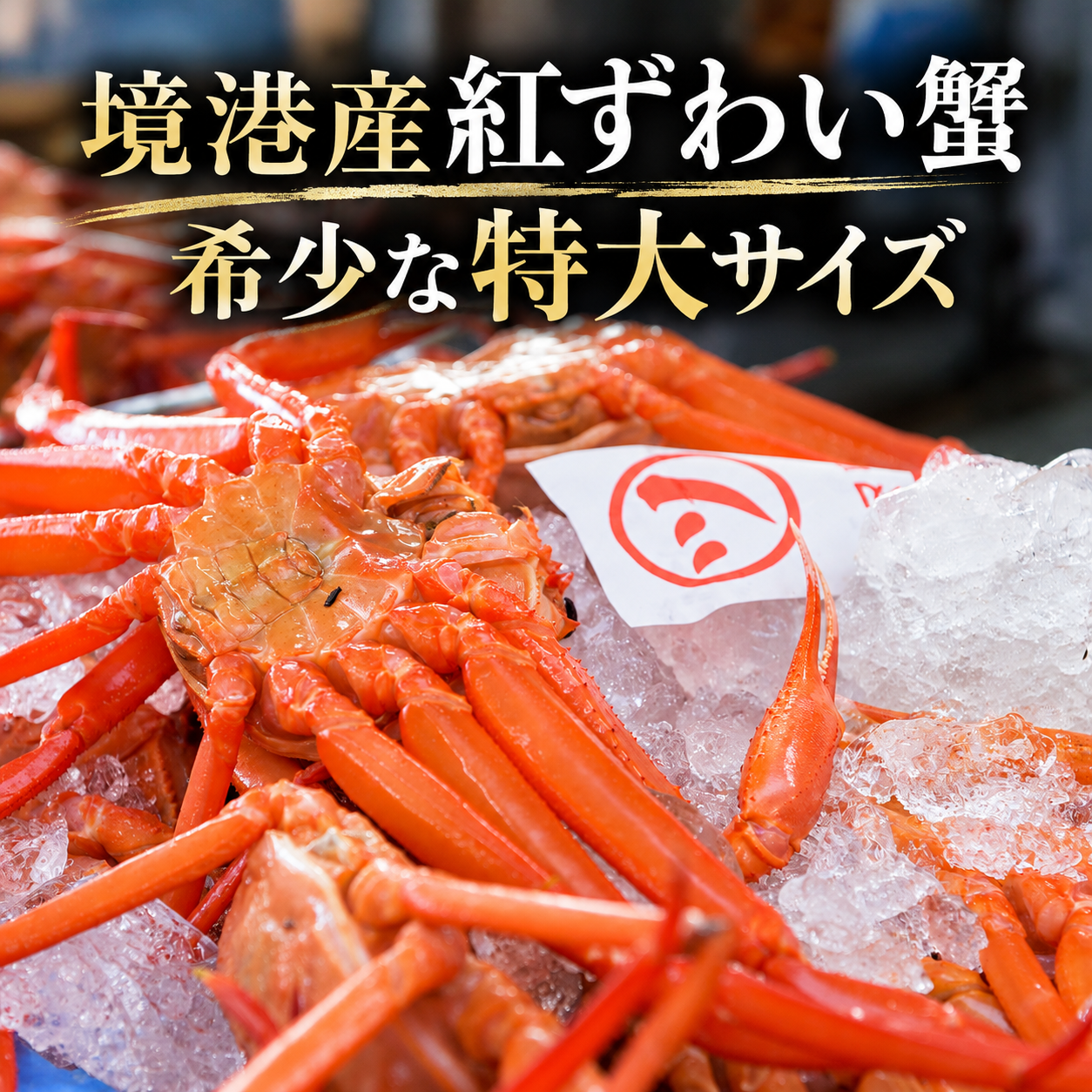 氷の上に並んだ境港産の紅ズワイガニとマルツの札。「境港産紅ずわい蟹 希少な特大サイズ」の文字